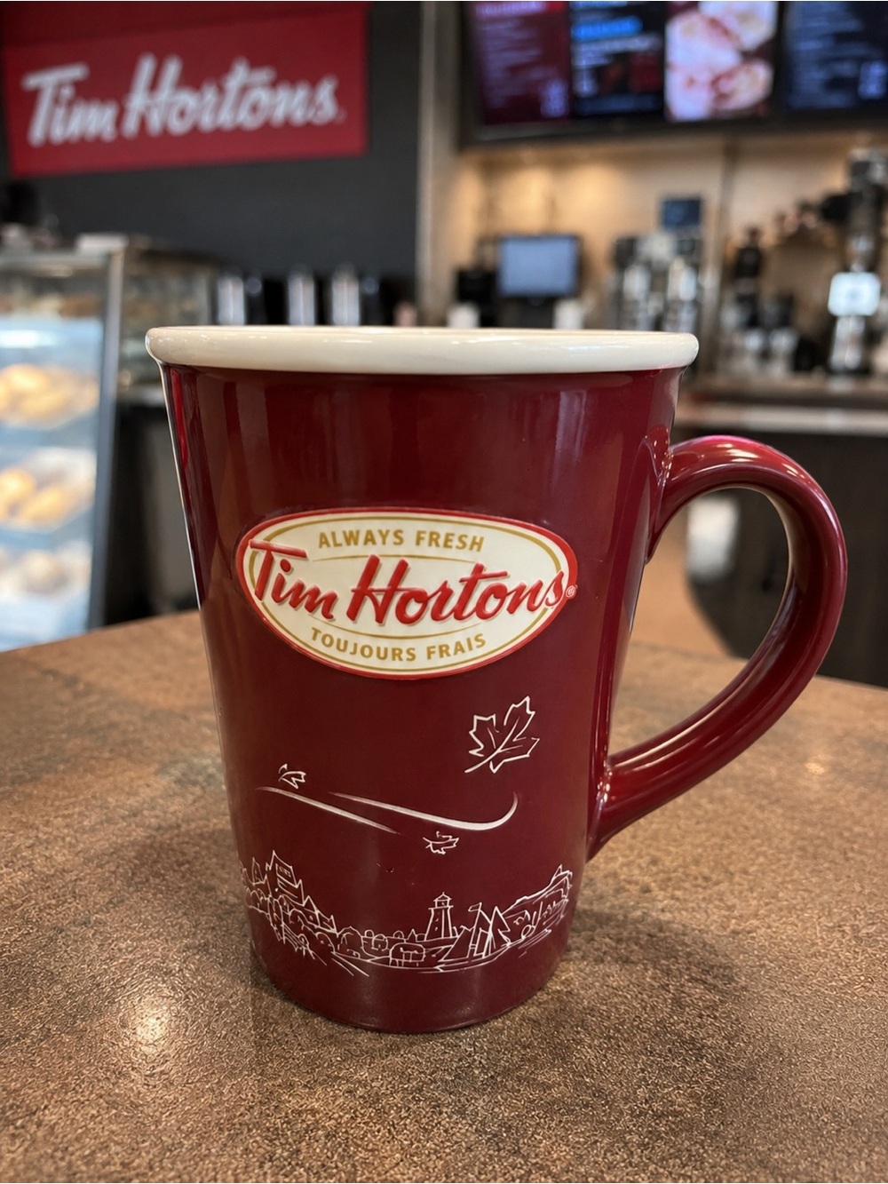 Tim Hortons Always Fresh Burgundy Ceramic Coffee Mug Collectible Canada
